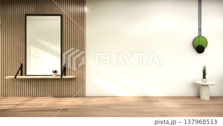 Modern japandi style Empty room minimal with wood panels wall background 3D illustration rendering 137968513
