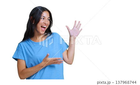 Excited woman pointing gesturing looking away transparent background Excited woman pointing gesturing looking away transparent background 137968744