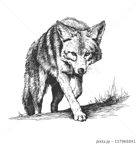 Coyote Attack Illustration Vintage Engraved Vector Aggressive Wild Animal Action 137968841