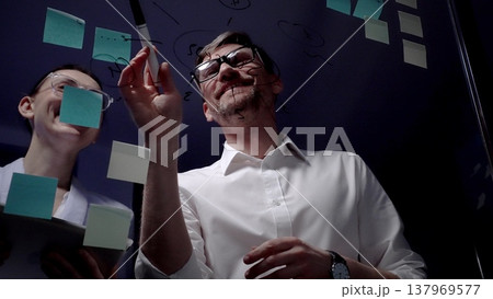 Business people brainstorming success strategy, collaborating during late night creative meeting, analyzing startup ideas, writing on glass wall with sticky notes in dark office 137969577