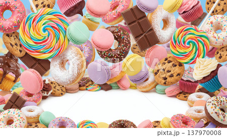 お菓子が並ぶカラフル背景素材 137970008