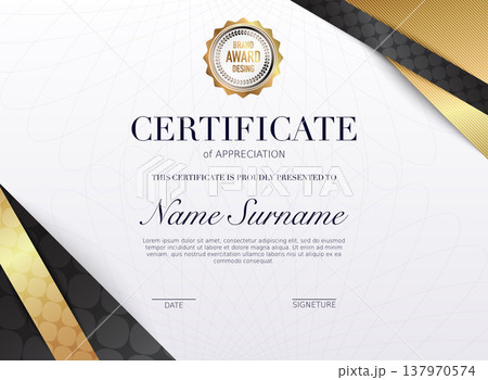 Certificate template with golden decoration element. Design diploma graduation, award. Vector illustration. Certificate template with golden decoration element. Design diploma graduation, award. Vector illustration. 137970574