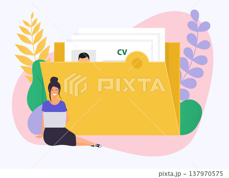 Business woman with a laptop. CV resume. Job interview concept. Flat design modern vector illustration concept. Business woman with a laptop. CV resume. Job interview concept. Flat design modern vector illustration concept. 137970575