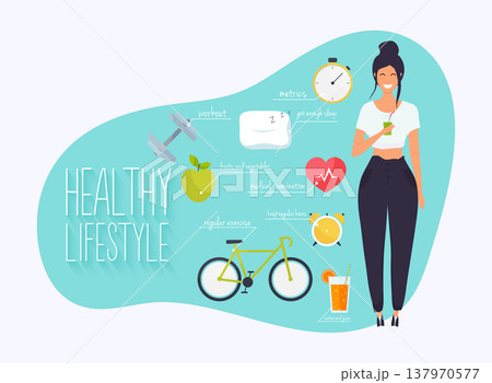 Concept of healthy lifestyle infographics. Young woman lead a healthy lifestyle. Icons for web: fitness, healthy food and metrics. Flat design vector illustration. 137970577