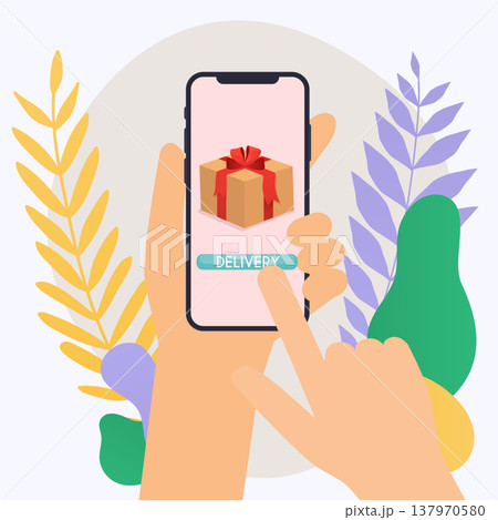 Hand holding mobile smart phone with delivery app. Vector modern flat creative info graphics design on application. Hand holding mobile smart phone with delivery app. Vector modern flat creative info graphics design on application. 137970580