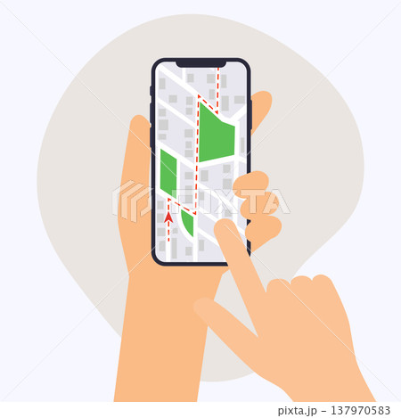 Hand holding mobile smart phone with gps app. Map on smart phone. Navigation concept. Flat design modern vector illustration concept. Hand holding mobile smart phone with gps app. Map on smart phone. Navigation concept. Flat design modern vector illustration concept. 137970583