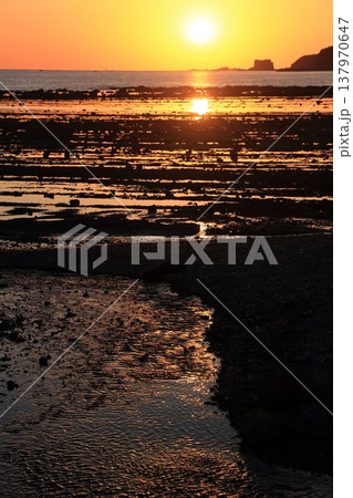 夕陽に赤く染まる遠浅の海岸 137970647