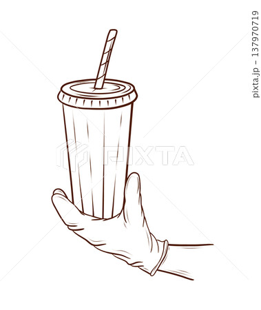 A hand holds a soda cup with a straw. Vector illustration in engraving style. The fast food drink for cafe menus, street food posters, delivery app graphics, restaurant banners,takeout packaging A hand holds a soda cup with a straw. Vector illustration in engraving style. The fast food drink for cafe menus, street food posters, delivery app graphics, restaurant banners,takeout packaging 137970719