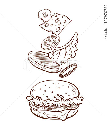 A burger with ingredients flying apart. A vector illustration in the engraving style. A fast-food sandwich icon for burger menus, recipe posters, food infographics, restaurant billboards. A burger with ingredients flying apart. A vector illustration in the engraving style. A fast-food sandwich icon for burger menus, recipe posters, food infographics, restaurant billboards. 137970720