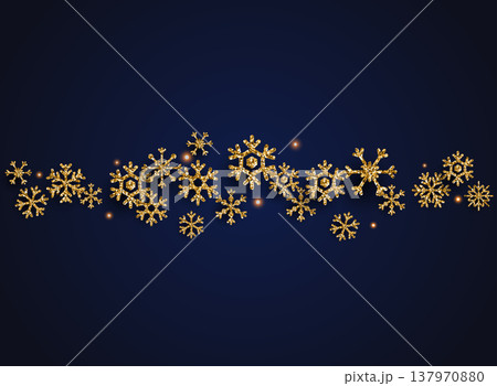 Golden glitter snowflakes on dark background. Can be used for decoration, banners and card. 137970880