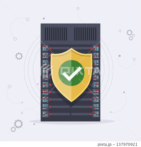 Protection shield on a server background. Trendy flat icon. Protection concept of digital and technological. Flat design modern vector illustration concept. Protection shield on a server background. Trendy flat icon. Protection concept of digital and technological. Flat design modern vector illustration concept. 137970921