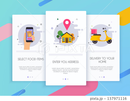 Onboarding screens user interface kit for mobile app templates concept of food delivery. Concept for web banners, websites, infographics. Onboarding screens user interface kit for mobile app templates concept of food delivery. Concept for web banners, websites, infographics. 137971116