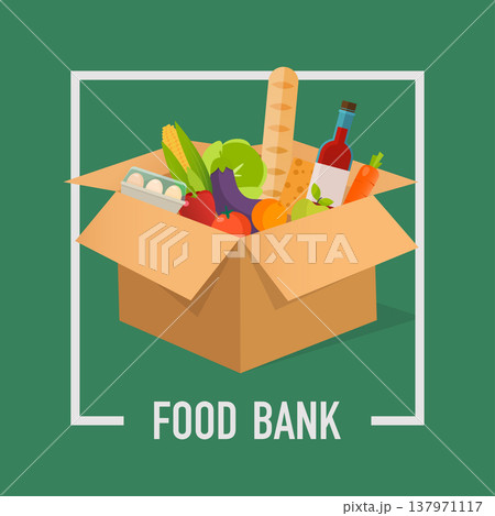Food Bank simple concept illustration. Time to donate. Food donation. Boxes full of food. Vector concept illustrations. Food Bank simple concept illustration. Time to donate. Food donation. Boxes full of food. Vector concept illustrations. 137971117
