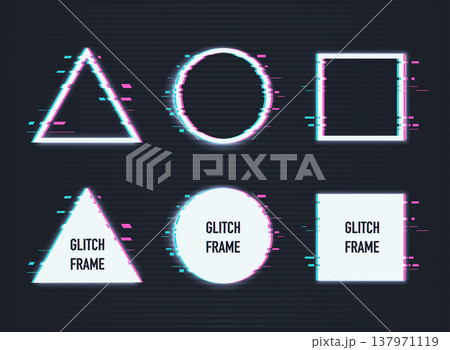 Vector set of frames with glitch effect. Circle, triangle, rhombus and square with vhs glitch effect. 137971119