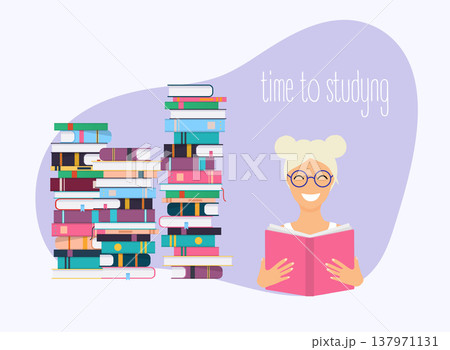 Time to studying. Girl reading a book. Science concept with book icons.Flat design modern vector illustration concept. 137971131