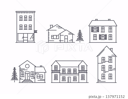 Vector illustration in linear style. Icons and illustrations with buildings, houses and trees. Ideal for business web publications, graphic design. Flat style vector illustration. Vector illustration in linear style. Icons and illustrations with buildings, houses and trees. Ideal for business web publications, graphic design. Flat style vector illustration. 137971152