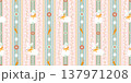 Cute spring, cottagecore farmhouse concept Easter bunny seamless pattern with hand drawn ditsy flowers, eggs, carrots and striped ribbon on whimsical pink background for fabric, wallpaper, stationery 137971208