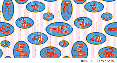 Sea cute creature seamless pattern with lobsters, starfish, crabs, sardines , jellyfish, seashells framed by blue ovals on soft pink vertical stripes background for wallpaper, textiles or wrapping Sea cute creature seamless pattern with lobsters, starfish, crabs, sardines , jellyfish, seashells framed by blue ovals on soft pink vertical stripes background for wallpaper, textiles or wrapping 137971210