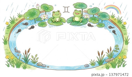 カエルと蓮の葉・おたまじゃくし（池の中をイメージした丸型フレーム） 137971472