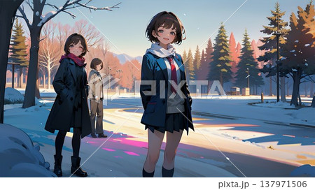 雪の中、笑顔で立つ女子高生 137971506