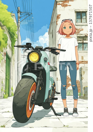 絵美シリーズ：EVバイクの横に立つピンク髪の若い女性のイラスト素材 137971507