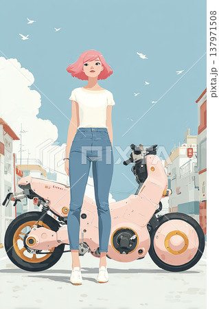 絵美シリーズ：ピンクのEVバイクと立つ若い女性のイラスト素材 137971508