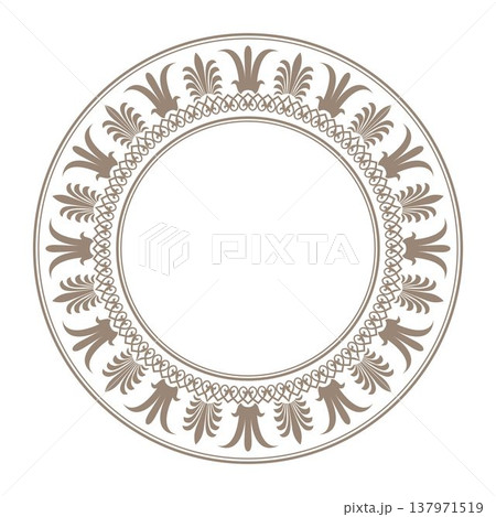Byzantine vector round frame with arabesques, floral elements. Traditional classic ornament. Circle, ring, round, border. Ancient Greece, Eastern Roman Empire frame. Porcelain, embroidery, plate Byzantine vector round frame with arabesques, floral elements. Traditional classic ornament. Circle, ring, round, border. Ancient Greece, Eastern Roman Empire frame. Porcelain, embroidery, plate 137971519