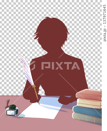 A noble-looking boy holding a quill pen; a desk; paper; silhouette. A noble-looking boy holding a quill pen; a desk; paper; silhouette. 137971645