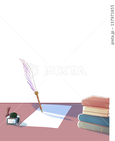 西洋風の机の上　羽根ペンで書く 137971655