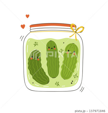 Funny pickles in a glass jar. Vector graphics. Funny pickles in a glass jar. Vector graphics. 137971846