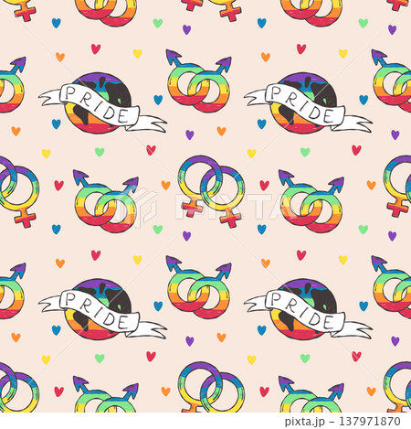 Rainbow pride seamless pattern with love symbols in hand drawn style Rainbow pride seamless pattern with love symbols in hand drawn style 137971870