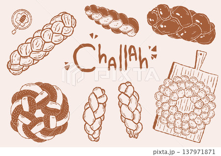 Challah bread set with braided loaves in hand drawn traditional style Challah bread set with braided loaves in hand drawn traditional style 137971871