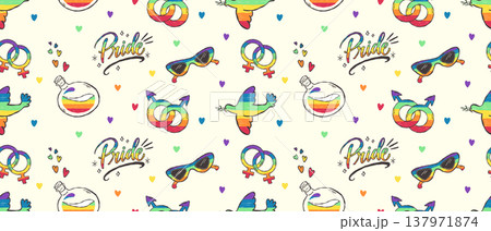 Pride seamless pattern with rainbow symbols and hand drawn style 137971874