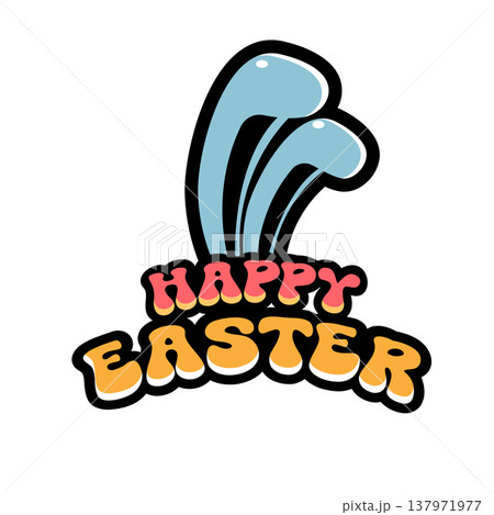 Happy Easter sticker with blue bunny ears. Happy Easter bubble font with thick black outline. Isolated vector element for spring holiday design, greeting cards, and social media. Retro sticker art 137971977