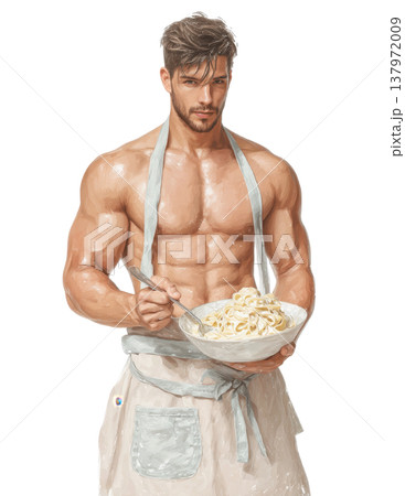 Muscular shirtless chef holding pasta bowl kitchen character illustration 137972009
