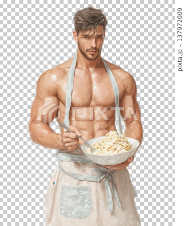 Muscular shirtless chef holding pasta bowl kitchen character illustration 137972009
