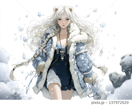 雪原に立つシロクマの妖精｜冬の幻想世界を歩くファンタジーイラスト 137972020