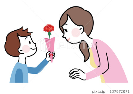 母の日にお母さんにカーネーションをプレゼントする男の子のイラスト 137972071