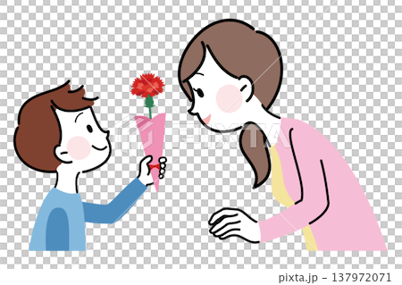 一幅插圖,描繪的是一個男孩在母親節送給母親康乃馨。 一幅插圖,描繪的是一個男孩在母親節送給母親康乃馨。 137972071