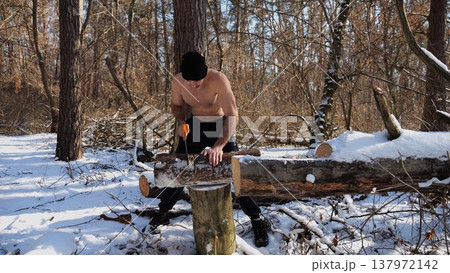 Shirtless man sawing a log in sunny winter forest. Strong guy working with saw in snowy woodland. The scene highlights human effort and outdoor activity in cold conditions. Slow mo Shirtless man sawing a log in sunny winter forest. Strong guy working with saw in snowy woodland. The scene highlights human effort and outdoor activity in cold conditions. Slow mo 137972142