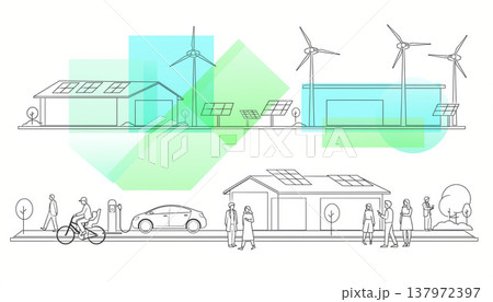 再生可能エネルギーとエコな移動手段で持続可能な未来社会を描く線画イラスト 再生可能エネルギーとエコな移動手段で持続可能な未来社会を描く線画イラスト 137972397