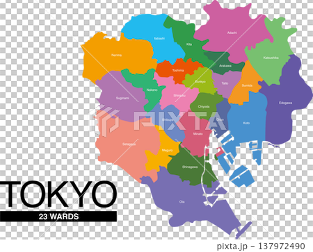 東京都23区色分け地図 区名入（英語） 137972490