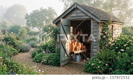 Idyllic rural scene, tranquil atmosphere, traditional gardening tools, colorful blossoms, peaceful spring day. 137972552