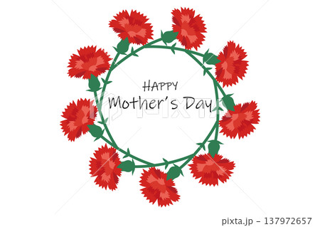 母の日 赤いカーネーションの花でできた円形のフレーム 手書き風文字あり 母の日 赤いカーネーションの花でできた円形のフレーム 手書き風文字あり 137972657