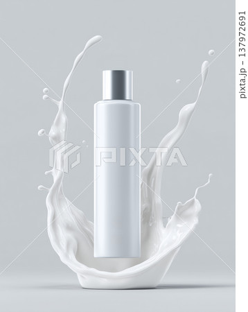 白い化粧品ボトルとミルクスプラッシュのビューティープロダクトイメージ、スキンケア、モックアップ、保湿 137972691