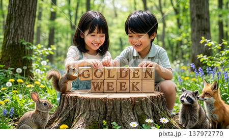 ゴールデンウィークの木製ブロックで遊ぶ子供たち 137972770