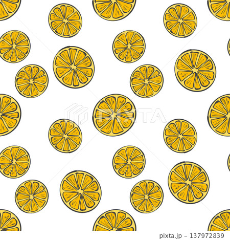 Seamless pattern with yellow round citrus slices in original hand drawn illustration Seamless pattern with yellow round citrus slices in original hand drawn illustration 137972839