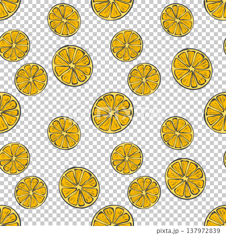 Seamless pattern with yellow round citrus slices in original hand drawn illustration Seamless pattern with yellow round citrus slices in original hand drawn illustration 137972839