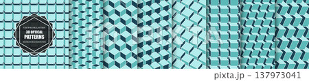 Collection of seamless geometric 3d abstract patterns. Blue color isometric repeatable vector backgrounds. Decorative blocks and cubes endless textures. Art modern design 137973041