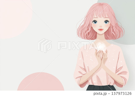 絵美シリーズ：胸元で光る球体を見つめるピンク髪の若い女性のイラスト素材 137973126